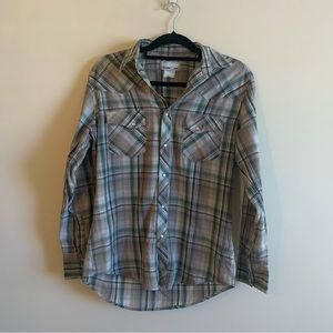 WRANGLER WOMENS GREEN GRAY PLAID PEARL SNAPS LONG SLEEVE WESTERN SIZE MEDIUM
